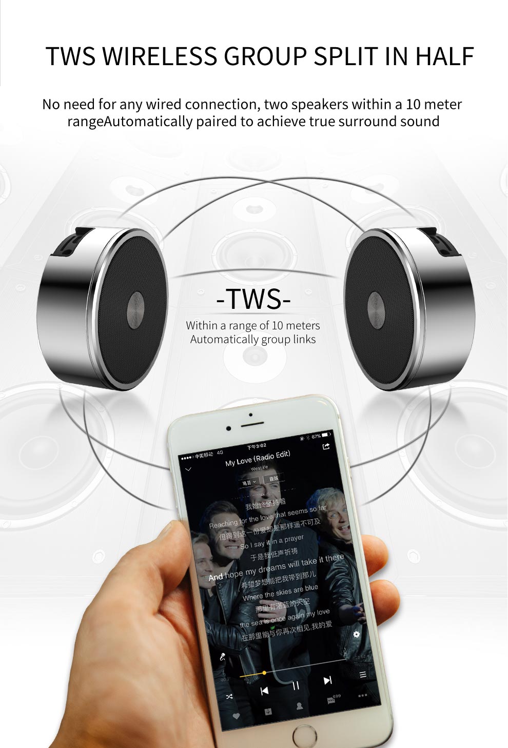Bluetooth Speaker Set: Wireless Stereo Dual Pairing Portable Twin TWS System With Big Rich Bass Hi-Fi Multi-Room Indoor Outdoor Use Home Deck Pool Work Travel Party Camping Gift Decor Idea (Chrome)